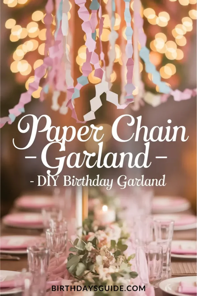  Pastel-colored paper chain garland hanging above a beautifully decorated birthday table with soft candlelight, floral centerpieces, and twinkling fairy lights in the background.