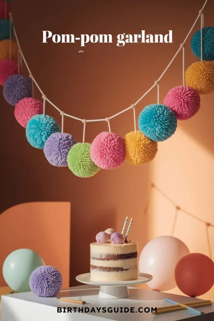 A colorful pom-pom birthday garland made of soft yarn in vibrant pink, blue, green, yellow, and purple hues, hanging above a minimalist birthday cake with pom-pom decorations, candles, and pastel balloons in the background.
