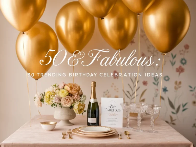 Elegant 50th birthday celebration table with gold balloons, champagne, floral centerpiece, and fine glassware, creating a sophisticated and festive atmosphere.