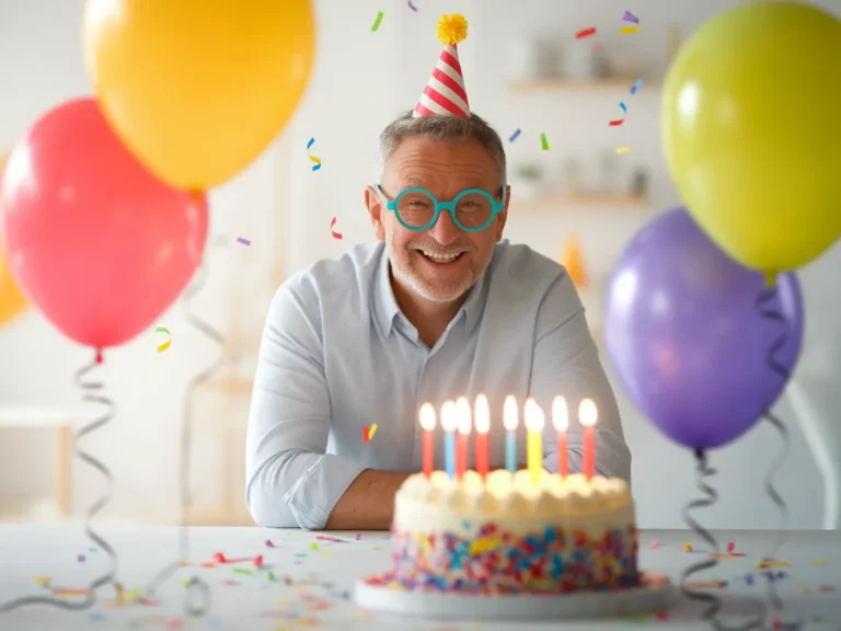 Joyful middle-aged man celebrating his birthday with balloons, cake, and a big smile