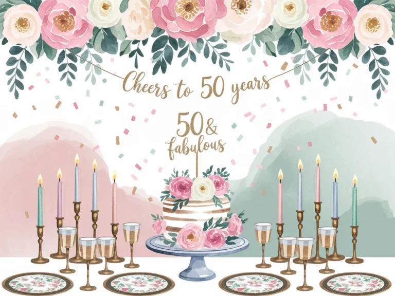 Elegant 50th birthday celebration setup with pastel floral decorations, a cake adorned with pink and white roses, gold-rimmed champagne glasses, vintage candlesticks with pastel candles, and floral-patterned plates. A banner with "Cheers to 50 years" and "50 & fabulous" is displayed, surrounded by confetti and watercolor-style background elements