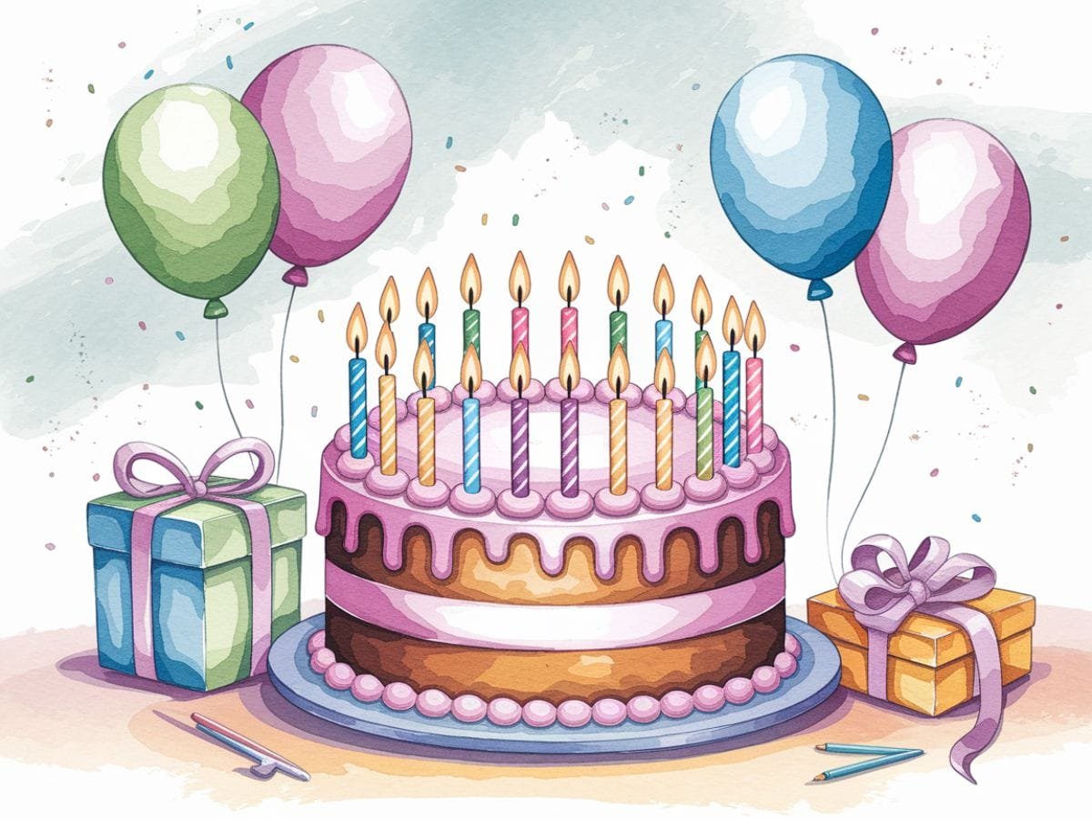 Watercolor illustration of a birthday cake with lit candles, surrounded by pastel balloons and wrapped gifts