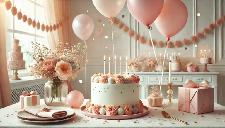 50+ funny 50th Birthday wishes and quotes. A light and airy birthday celebration scene with soft pastel colors, a beautifully decorated cake, balloons, and subtle confetti in a bright and elegant setting