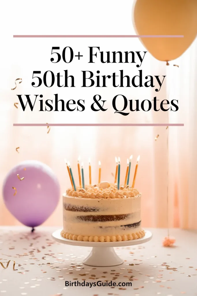 A beautifully decorated 50th birthday cake with candles, surrounded by balloons and confetti, with the text "50+ Funny 50th Birthday Wishes & Quotes" displayed. A perfect celebratory theme for a milestone birthday.