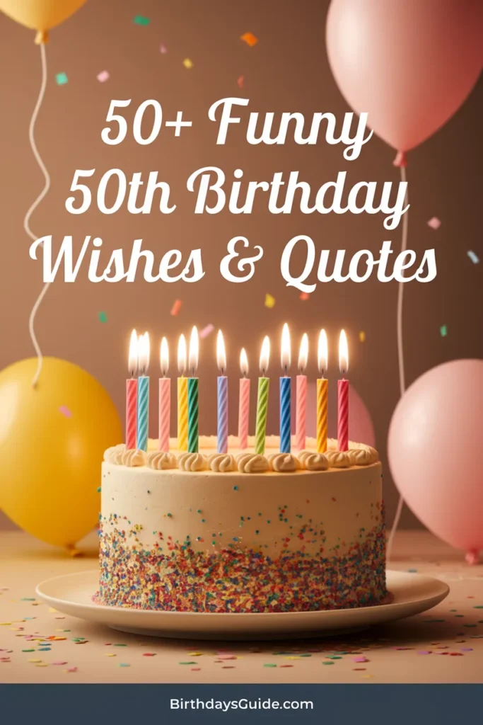 A festive 50th birthday cake with colorful candles and sprinkles, with balloons and confetti in the background. The text "50+ Funny 50th Birthday Wishes & Quotes" adds a fun and cheerful touch.