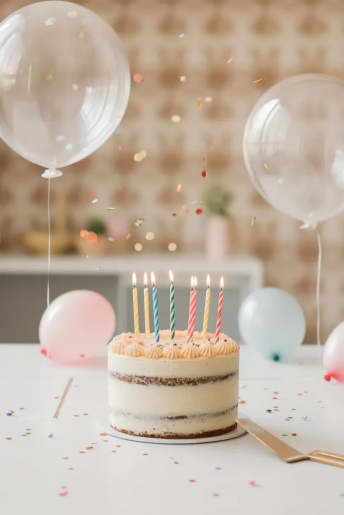 A simple yet elegant 50th birthday cake with striped candles, set on a white table with pastel balloons and floating confetti, creating a soft and festive atmosphere.