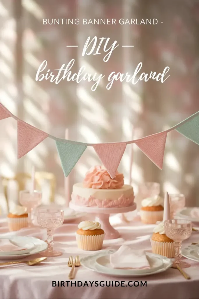 A pastel pink and blue bunting banner garland hanging above an elegant birthday table with a beautifully decorated cake, cupcakes, pink tableware, and soft candlelight.