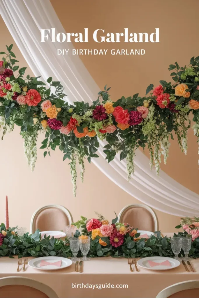 A lush floral birthday garland with vibrant red, orange, and pink flowers intertwined with greenery, elegantly draped above a beautifully set table with pastel tableware, crystal glasses, and soft drapery in the background.