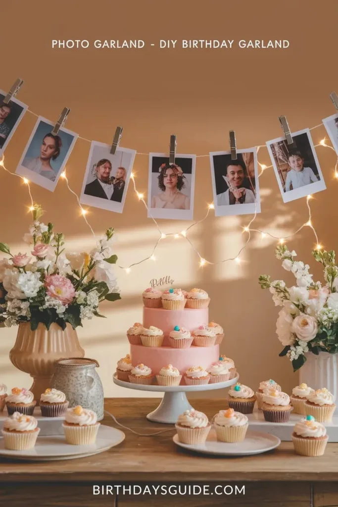 A DIY photo birthday garland featuring printed pictures clipped to a string of twinkling fairy lights, hanging above a dessert table with a pink tiered cake, decorated cupcakes, and elegant floral arrangements.