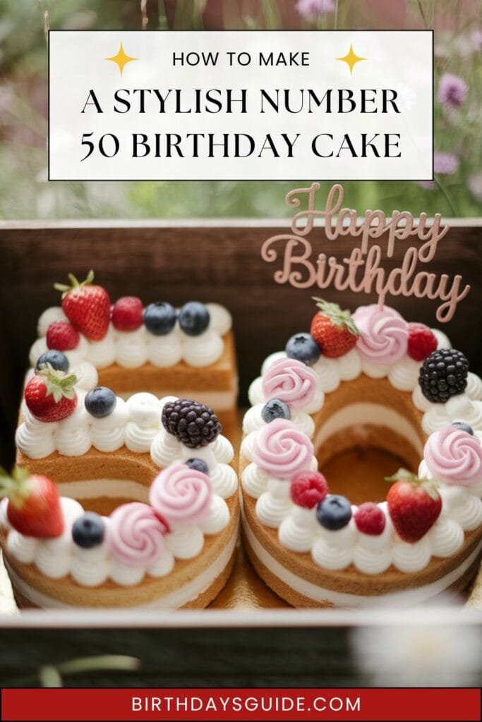 Boxed number cake for 50th birthday decorated with white frosting, pink flowers, and berries.