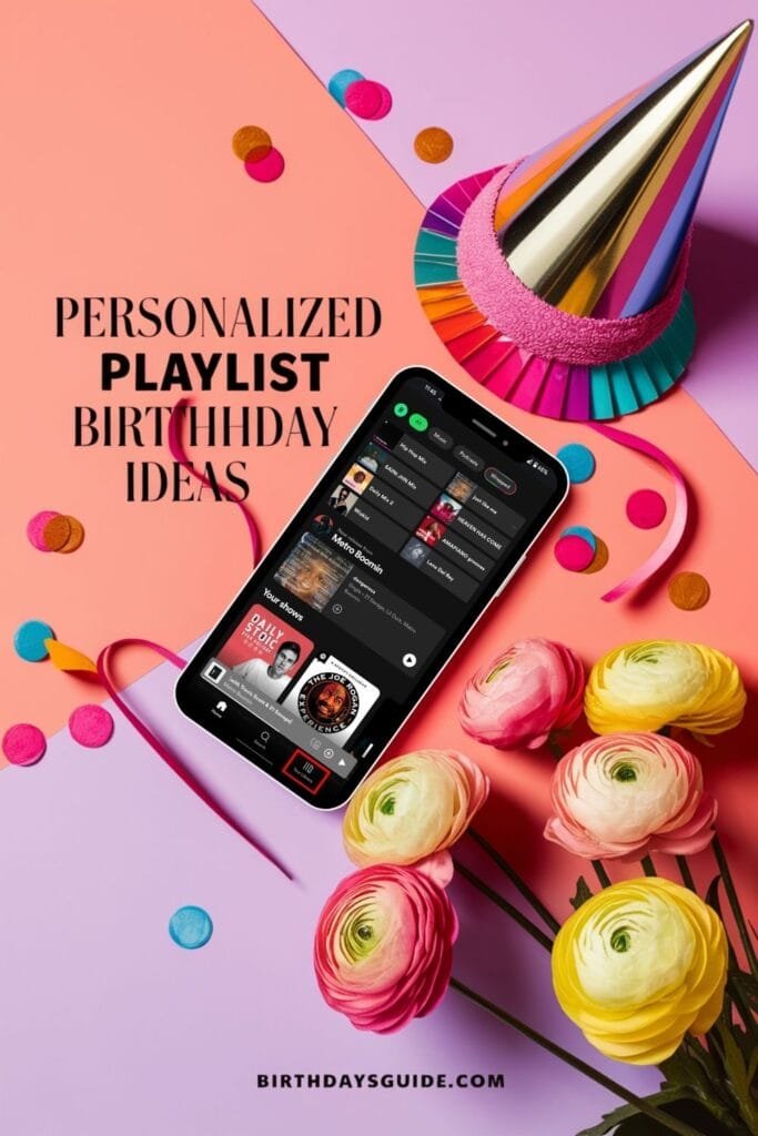 A vibrant digital graphic with a diagonal split background in soft pink and lavender hues. The text 'PERSONALIZED PLAYLIST BIRTHDAY IDEAS' is displayed in bold black and pink uppercase letters. Below, a smartphone is tilted, showcasing a Spotify playlist interface with various music selections. A metallic gold party hat with a colorful pleated trim and pink fuzzy band rests nearby, surrounded by scattered confetti, ribbon, and multicolored ranunculus flowers in yellow, pink, and white. At the bottom, the website 'BIRTHDAYSGUIDE.COM' is displayed in black uppercase letters, tying the theme to a birthday celebration with a festive and modern aesthetic.