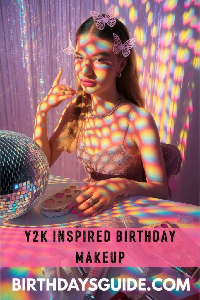 **Alt Text:** A woman with Y2K-inspired birthday makeup, featuring glossy lips and shimmery pastel eyeshadow, surrounded by butterfly clips, a disco ball, and iridescent lighting for a nostalgic 2000s aesthetic.