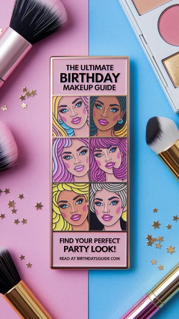 A colorful makeup-themed flat lay featuring a beauty palette with illustrated faces representing different birthday makeup styles, surrounded by makeup brushes, blush, and star confetti.