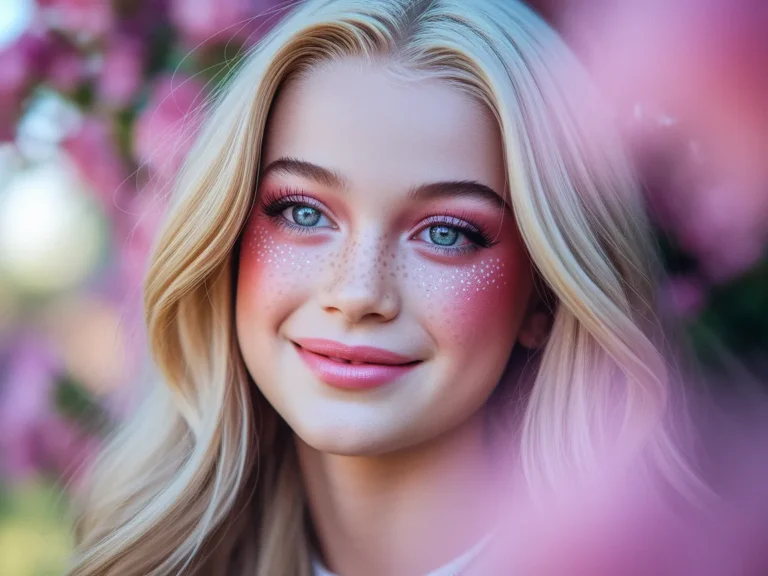 A young woman with soft pink Barbiecore makeup, including rosy blush, fluttery lashes, and glossy pink lips, surrounded by pink flowers.