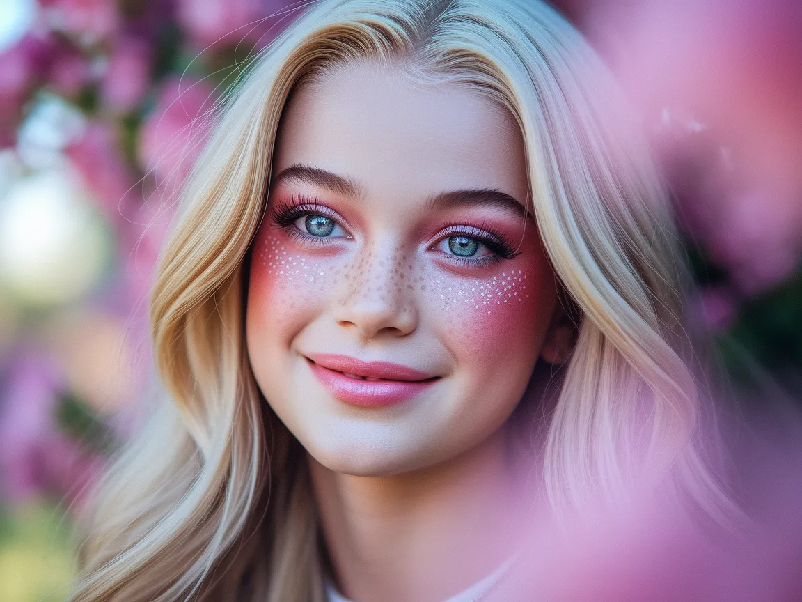 A young woman with soft pink Barbiecore makeup, including rosy blush, fluttery lashes, and glossy pink lips, surrounded by pink flowers.