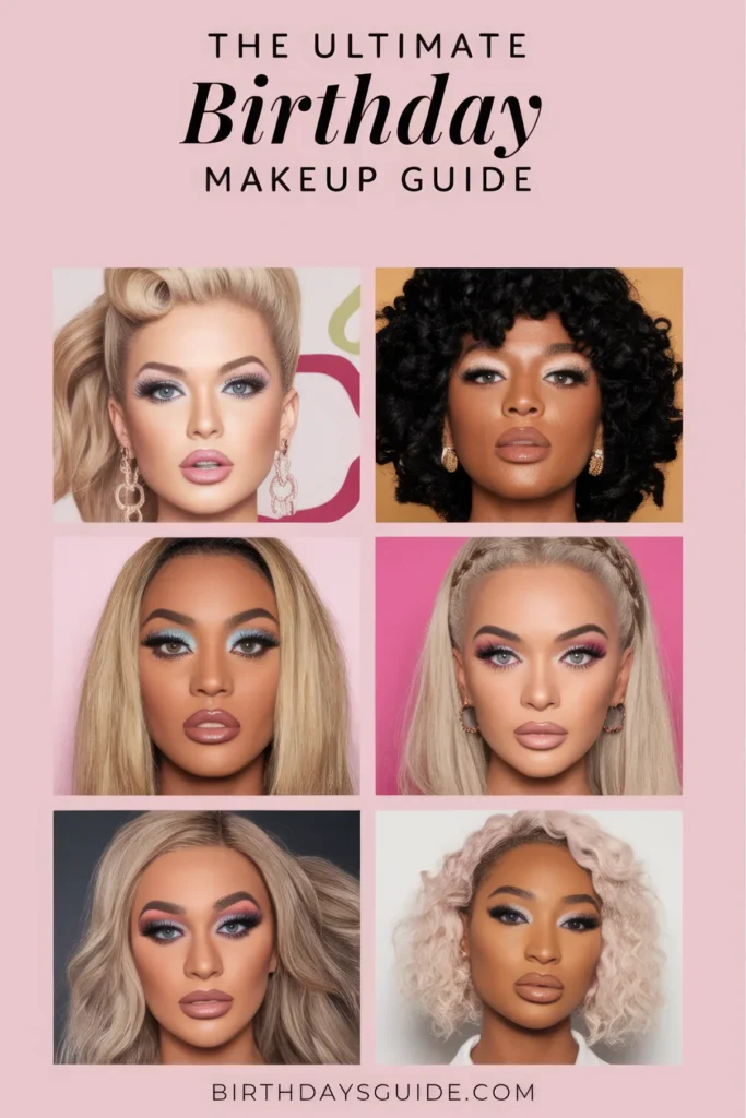 A collage of six glamorous women showcasing different supermodel-inspired birthday makeup looks, featuring bold eyeshadow, flawless contour, and glossy nude lips for a high-fashion aesthetic.