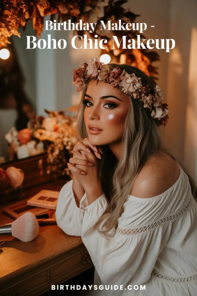 A woman with Boho Chic birthday makeup, featuring warm bronzed tones, glowing skin, and soft nude lips, wearing a floral crown and a white off-the-shoulder dress in a cozy, earthy setting.
