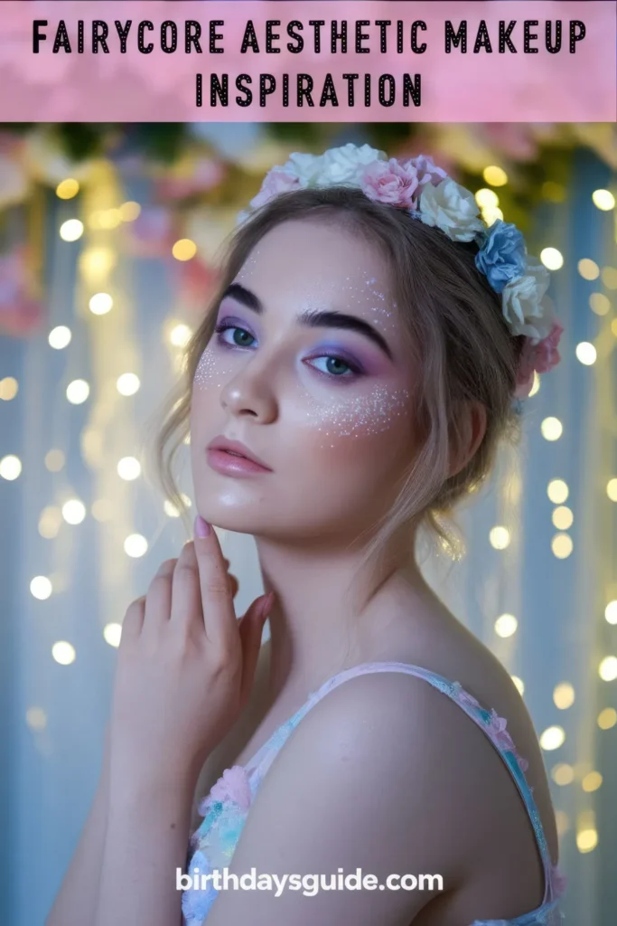A woman with Fairycore birthday makeup, featuring soft pastel purple eyeshadow, dewy skin, and delicate glitter details on her cheeks, wearing a floral crown against a dreamy, twinkling light backdrop.