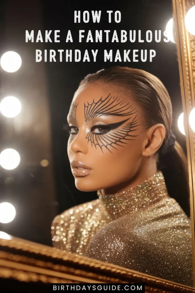A woman in a glittering gold outfit with bold disco glam makeup, featuring dramatic black graphic eyeliner, shimmering metallic eyeshadow, and glossy lips, posing in front of a vanity mirror with bright lights.