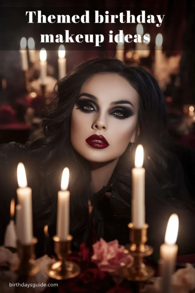 A woman with dramatic Gothic glam makeup, featuring dark smoky eyes, bold winged eyeliner, and deep red lips, posing by candlelight in a moody, elegant setting.