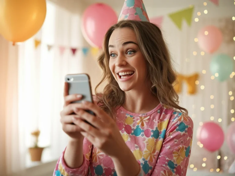 Woman in party clothes smiling while holding an iPhone, looking excited at birthday tips on her phone, with balloons and fairy lights in the background