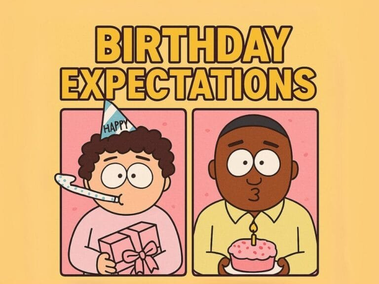 Cartoon meme with two panels. Left panel shows a person with a party hat, noisemaker, and gift. Right panel shows a person holding a cake with a single candle, looking less enthusiastic