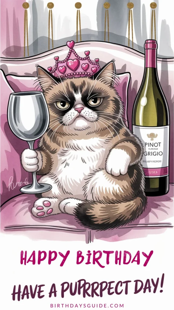 Grumpy cat wearing a pink crown and holding a wine glass with a bottle of Pinot Grigio beside it, with the text "Happy Birthday – Have a Purrrfect Day!"