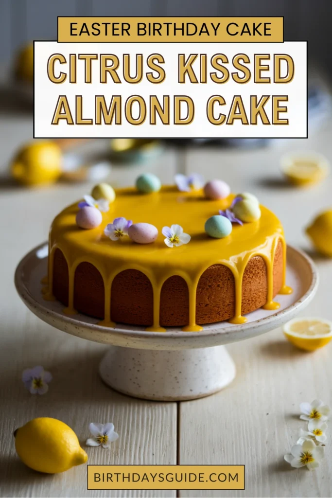Citrus almond cake with glossy yellow glaze, topped with pastel candy eggs and edible flowers, displayed on a ceramic cake stand with lemons and blossoms on a light wooden table.Let me know if you want caption or blog content to match this too!