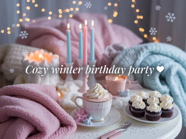 A cozy winter birthday party setup featuring a warm cup of hot cocoa with whipped cream, chocolate cupcakes, pink candles, fluffy blankets, and twinkling fairy lights in the background.