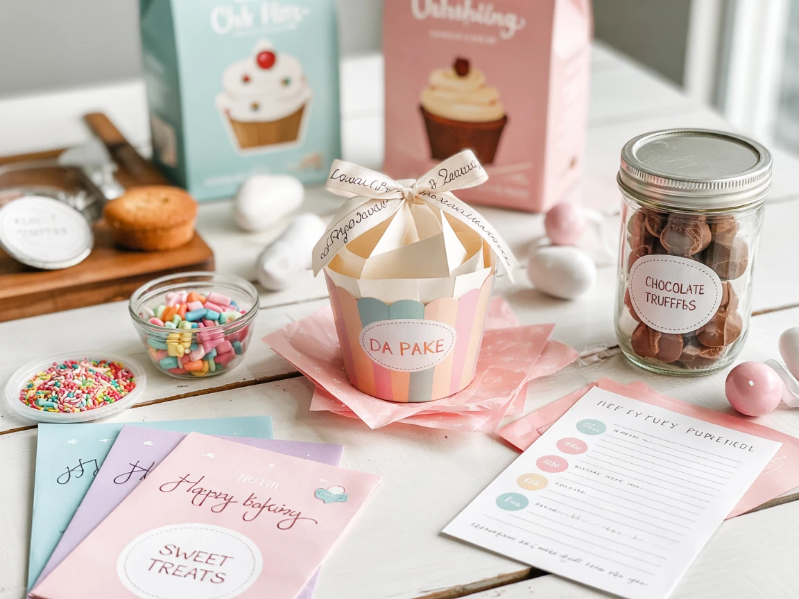 Colorful DIY baking-themed gift basket with pastel cupcake liners, chocolate truffles, sprinkles, and recipe cards – a creative Christmas gift for bakers.
