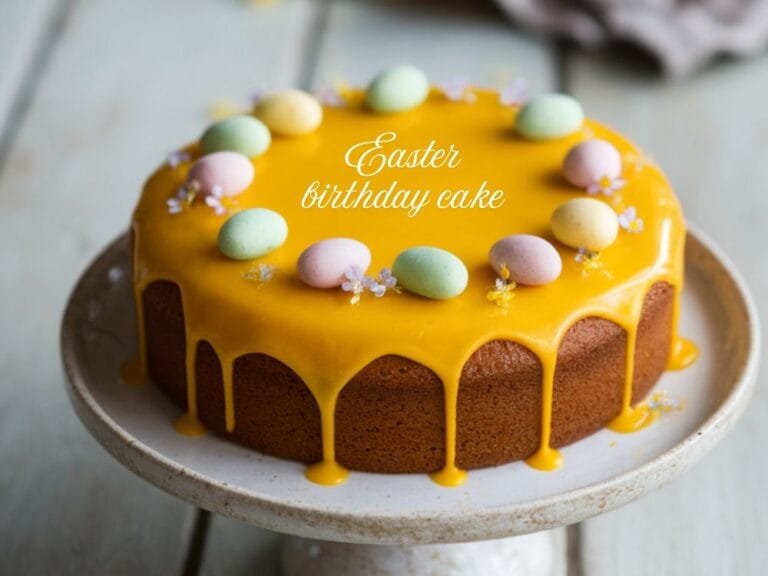Round Easter birthday cake with yellow glaze, pastel mini eggs, and delicate edible flowers on a cake stand.