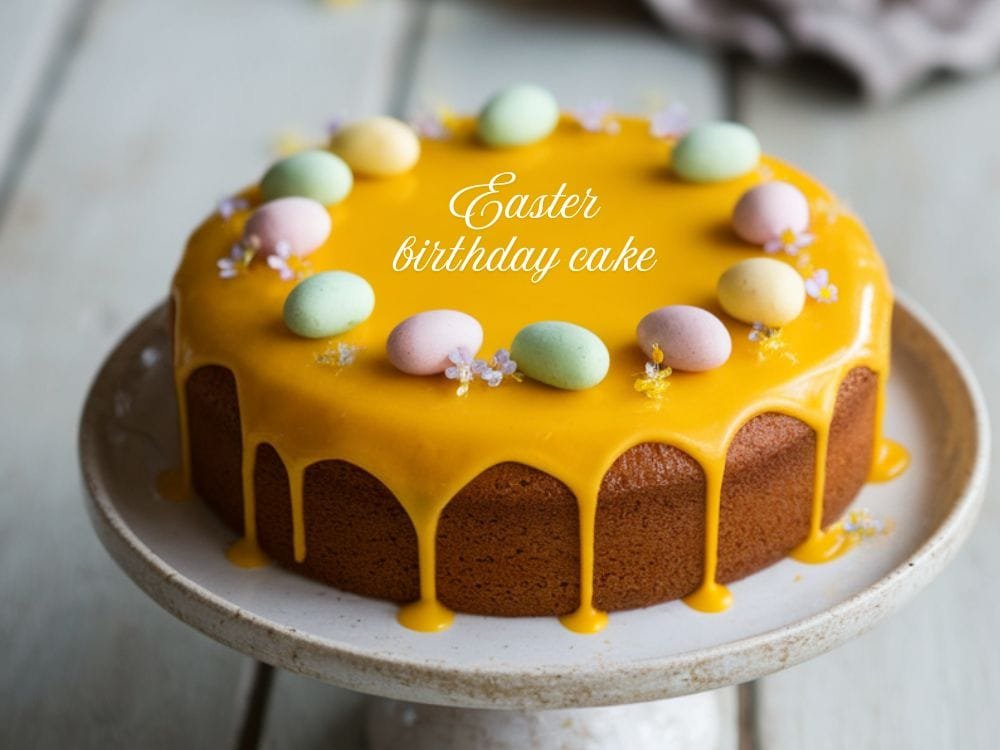 Round Easter birthday cake with yellow glaze, pastel mini eggs, and delicate edible flowers on a cake stand.