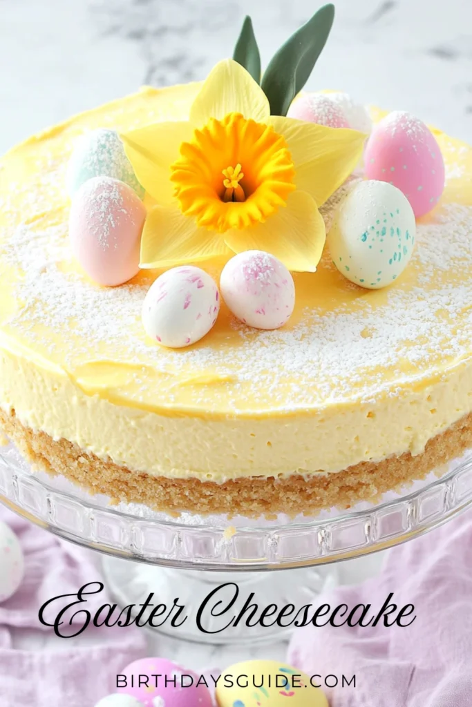 Easter cheesecake with yellow topping, decorated with a faux daffodil flower and pastel speckled candy eggs, displayed on a glass cake stand with text “Easter Cheesecake – BirthdaysGuide.com” at the bottom.