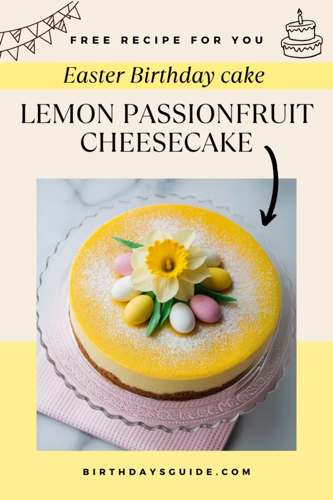 Easter cheesecake topped with a yellow daffodil, speckled pastel candy eggs, and powdered sugar on a glass cake stand.