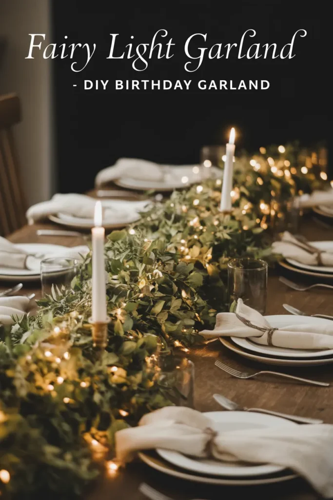 A dreamy fairy light birthday garland intertwined with lush greenery, elegantly decorating a rustic wooden table set with white plates, linen napkins, and glowing candlelight for a warm and intimate celebration.