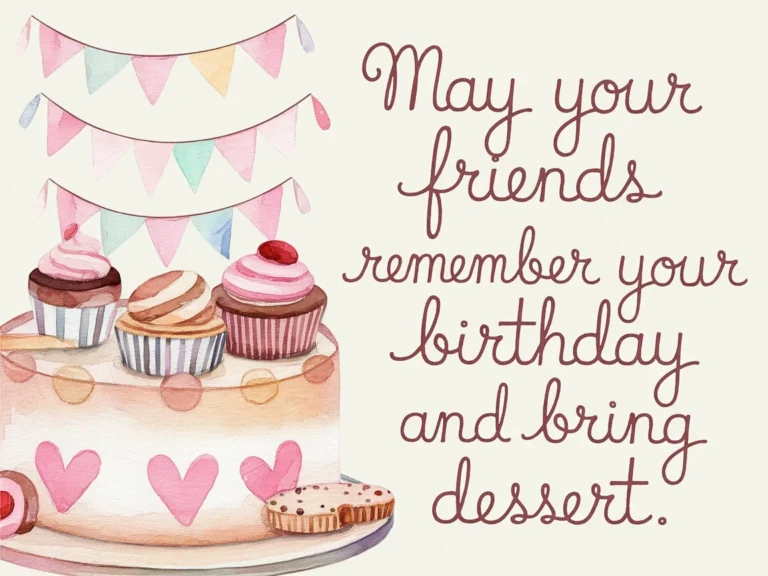 Watercolor-style birthday illustration featuring cupcakes on a cake with pink heart decorations, pastel bunting, and the quote “May your friends remember your birthday and bring dessert” in playful script.