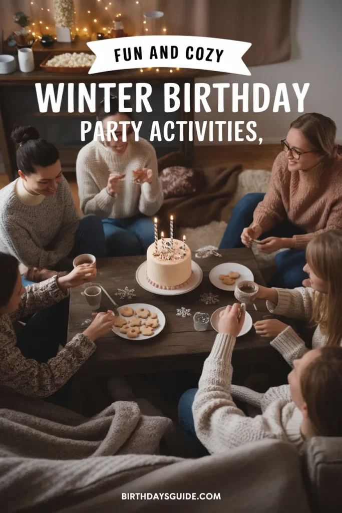 A group of friends in cozy sweaters enjoying a winter birthday party with a cake, cookies, and hot drinks by candlelight.