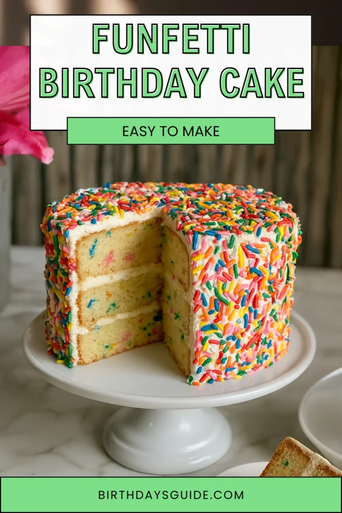 Three-layer Funfetti Birthday Cake with a slice removed, showing yellow cake with colorful confetti sprinkles, frosted with white frosting and covered in rainbow sprinkles. Displayed on a white pedestal cake stand. Text overlay: "Funfetti Birthday Cake" and "Easy To Make".
