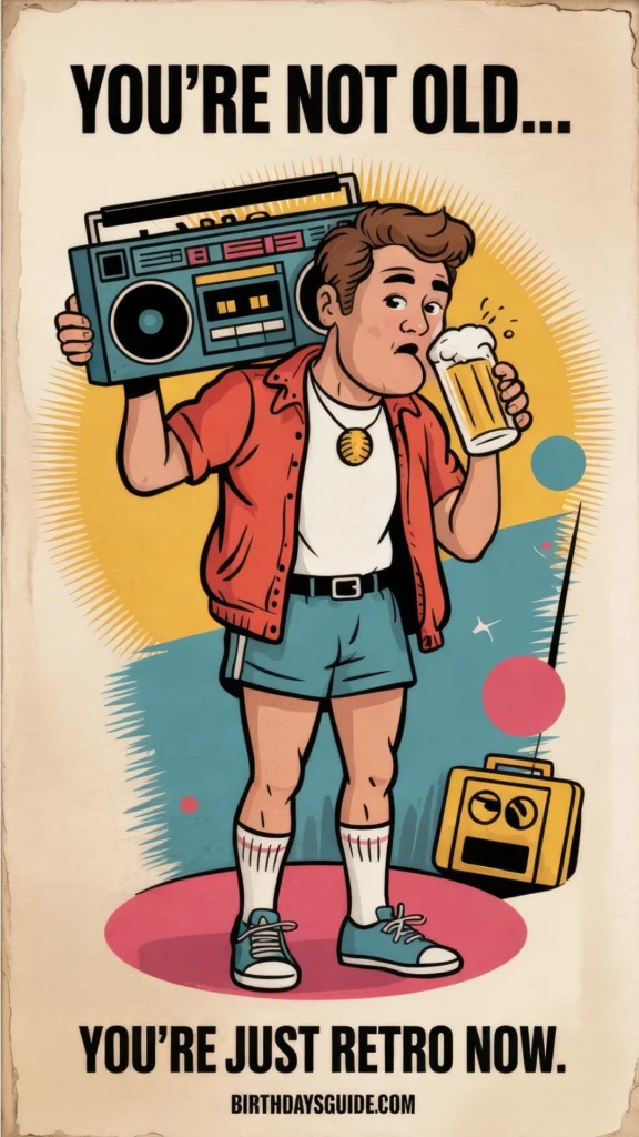 Cartoon man in retro outfit drinking beer and holding a boombox, with the text “You’re Not Old… You’re Just Retro Now.”