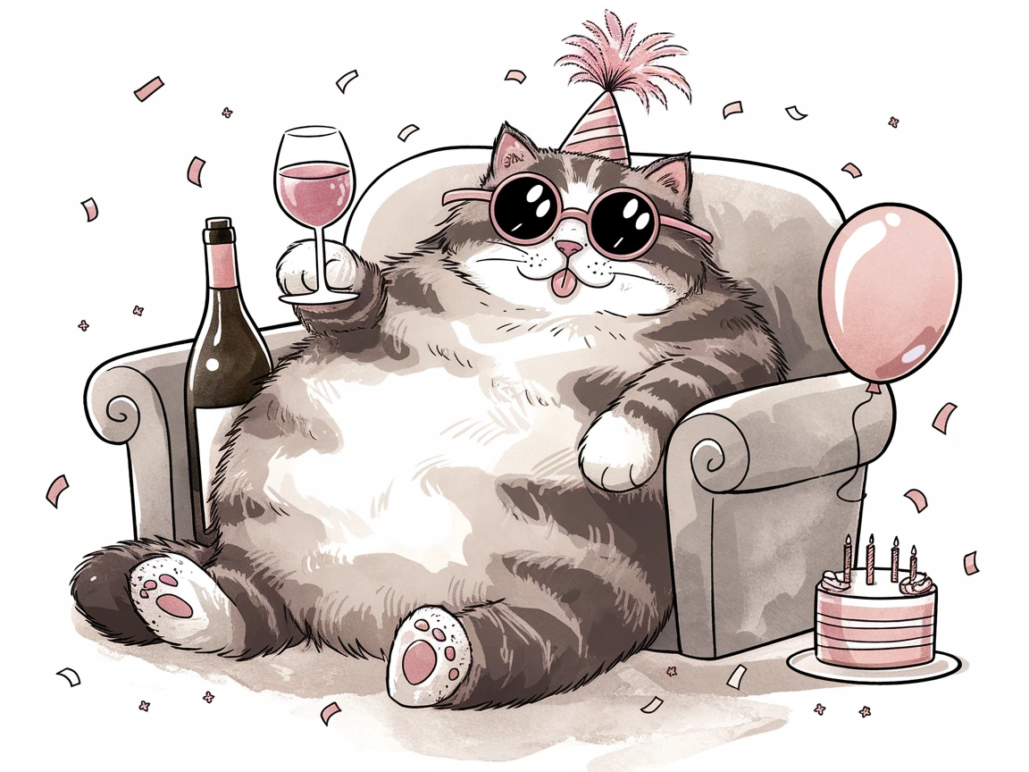 Watercolor and ink illustration of a chubby cat lounging on a chair, wearing a party hat and sunglasses, holding a wine glass with a bottle beside it, surrounded by confetti, a balloon, and a birthday cake.