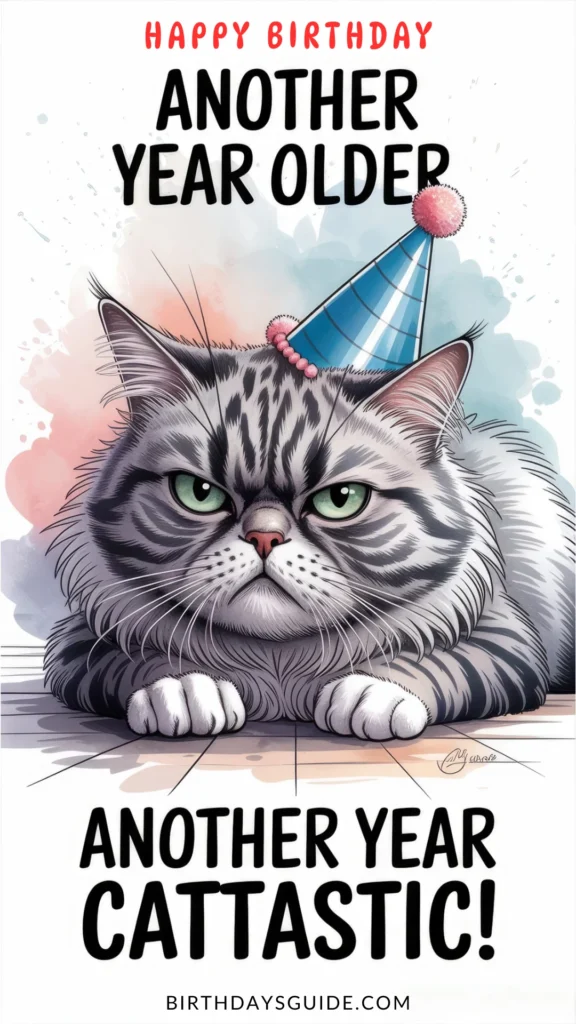 This grumpy birthday cat might not be thrilled, but that just makes it funnier! A purrfectly sarcastic meme for anyone who’s not exactly excited about aging—but still wants to celebrate in style.