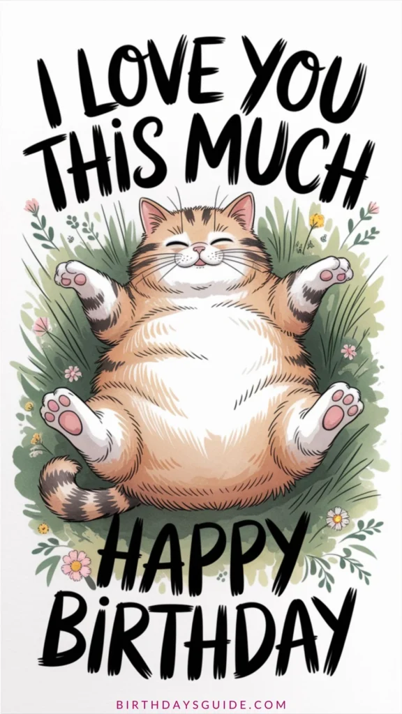 Watercolor and ink illustration of a chubby cat lying on its back in the grass with its front legs stretched wide apart. The cat looks joyful and silly, surrounded by soft watercolor flowers. Text overlay reads “I LOVE YOU THIS MUCH” at the top and “HAPPY BIRTHDAY”