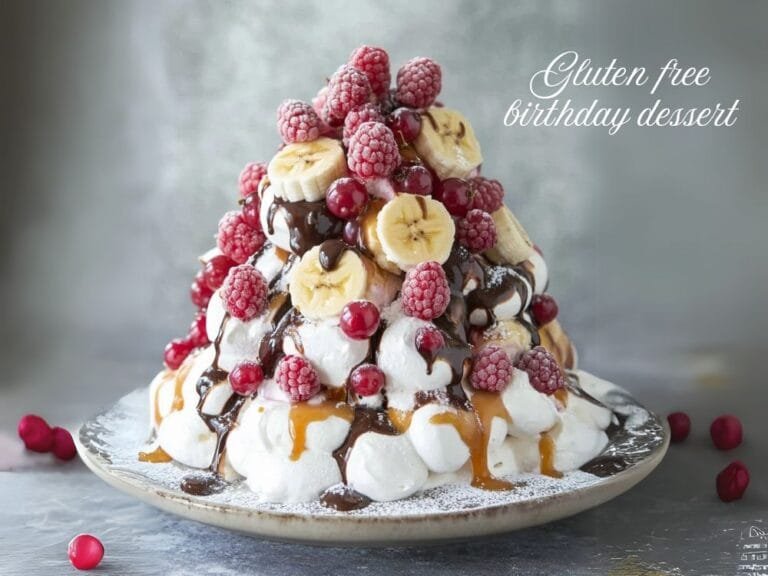 A beautifully presented Swiss Meringue Cake, topped with fresh raspberries, banana slices, and drizzled with rich chocolate and caramel sauces. A perfect gluten-free birthday cake