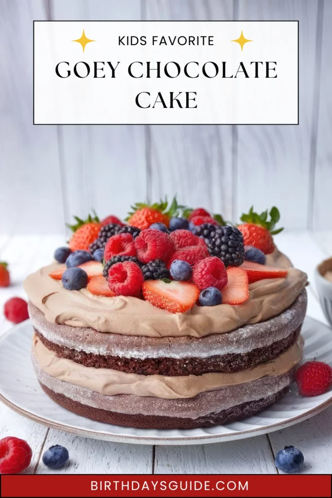 Gooey chocolate cake layered with creamy frosting and topped with fresh strawberries, raspberries, blueberries, and blackberries, presented beautifully on a white plate, perfect as a kids' favorite birthday treat.