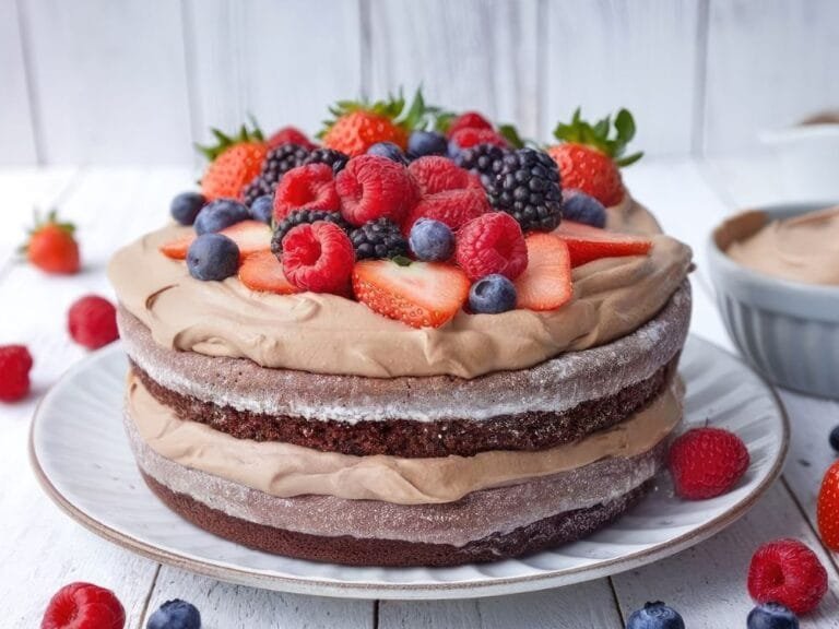 Delicious layered chocolate cake topped with chocolate cream frosting and fresh berries on a white plate.