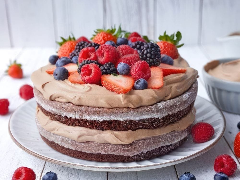 Delicious layered chocolate cake topped with chocolate cream frosting and fresh berries on a white plate.