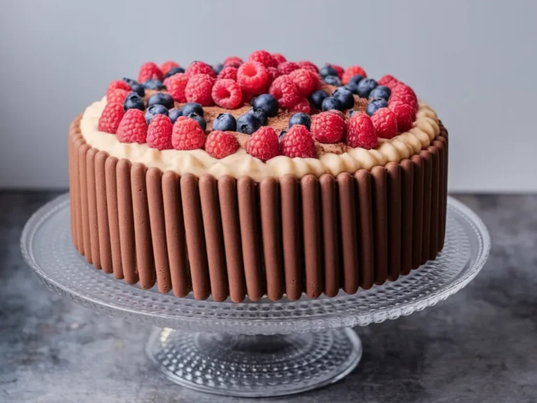 Chocolate cake decorated with fresh raspberries, blueberries, and chocolate wafer sticks on an elegant glass cake stand.