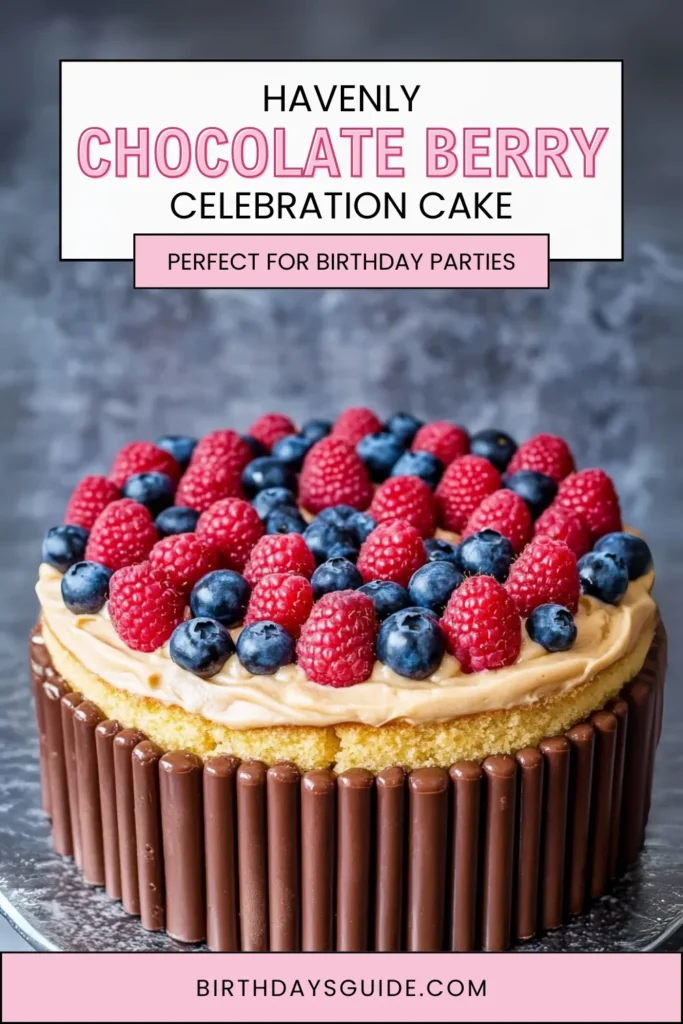 Heavenly chocolate celebration cake with berries and creamy frosting, surrounded by chocolate wafer sticks, beautifully displayed on a shiny silver cake platter.