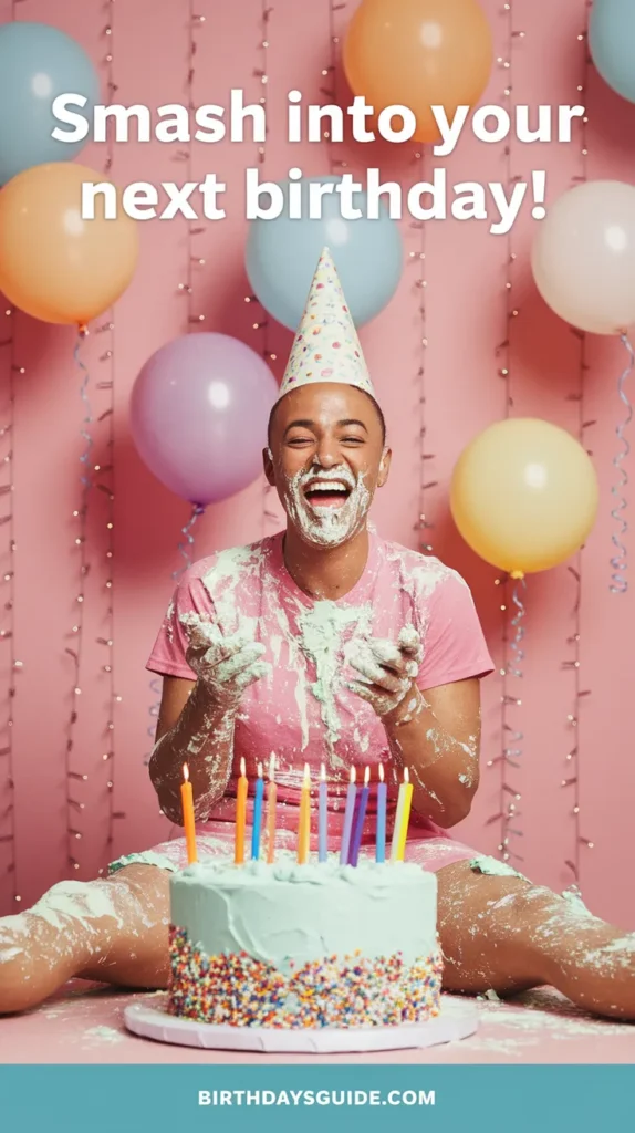 A person laughing during a fun birthday cake smash, covered in frosting, surrounded by balloons and lights.