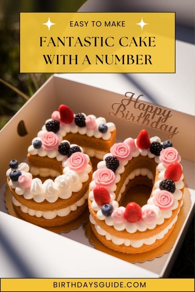 Layered number 50 cake topped with berries and rosettes, perfect for a stylish 50th birthday celebration.